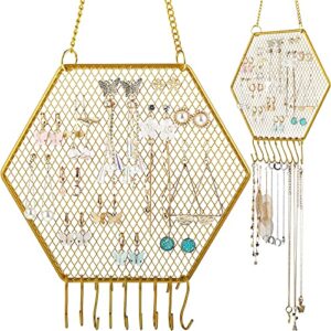 2 pieces earring wall holder wall mounted earring organizer hanging hexagon earring stand decorative diamond grid shape jewelry display rack with hanging hooks for earrings necklaces bracelets (gold)