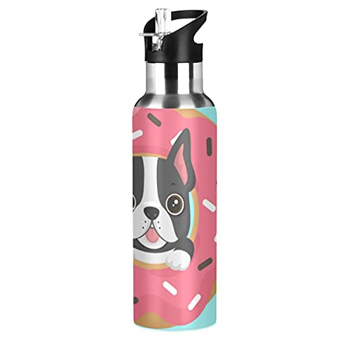 Yasala Water Bottle Dog Donut French Bulldog Coffee Thermos Stainless Steel Insulated Beverage Container 20 oz with Straw Lid BPA-Free for Sport, Travel, Camping, Back to School