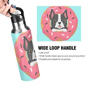 Yasala Water Bottle Dog Donut French Bulldog Coffee Thermos Stainless Steel Insulated Beverage Container 20 oz with Straw Lid BPA-Free for Sport, Travel, Camping, Back to School