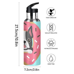 Yasala Water Bottle Dog Donut French Bulldog Coffee Thermos Stainless Steel Insulated Beverage Container 20 oz with Straw Lid BPA-Free for Sport, Travel, Camping, Back to School