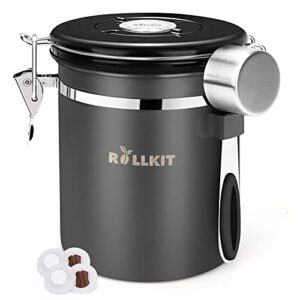 rollkit coffee canister airtight storage containers for beans grounds, stainless steel flavor-saving holder for tea jar w/date tracker, co2 release valve, airtight lid, scoop - medium 16oz, gray