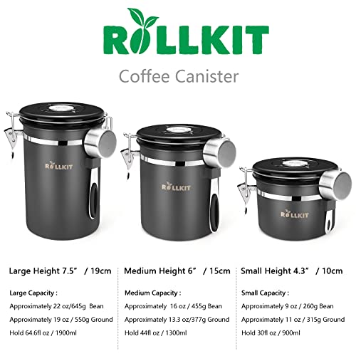 RollKit Coffee Canister Airtight Storage Containers for Beans Grounds, Stainless Steel Flavor-Saving Holder for Tea Jar w/Date Tracker, CO2 Release Valve, Airtight Lid, Scoop - Medium 16oz, Gray