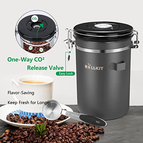 RollKit Coffee Canister Airtight Storage Containers for Beans Grounds, Stainless Steel Flavor-Saving Holder for Tea Jar w/Date Tracker, CO2 Release Valve, Airtight Lid, Scoop - Medium 16oz, Gray