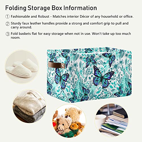 KEEPREAL Blue Butterflies Storage Basket Bin, Large Cube Storage Box Canvas Collapsible Storage Organizer for Home Office Closet - 15 L x 11 W x 9.5 H