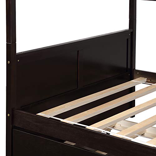 MERITLINE Full Over Full Bunk Bed with Trundle, Wood Bunk Bed with Twin Size Trundle, for Kids Teens Adults (Espresso)