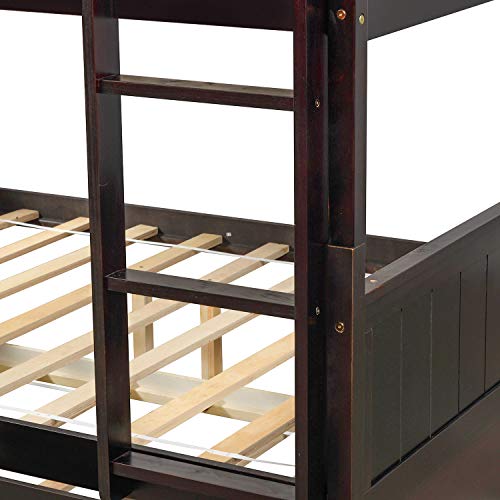 MERITLINE Full Over Full Bunk Bed with Trundle, Wood Bunk Bed with Twin Size Trundle, for Kids Teens Adults (Espresso)