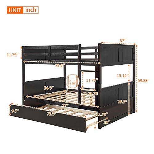 MERITLINE Full Over Full Bunk Bed with Trundle, Wood Bunk Bed with Twin Size Trundle, for Kids Teens Adults (Espresso)