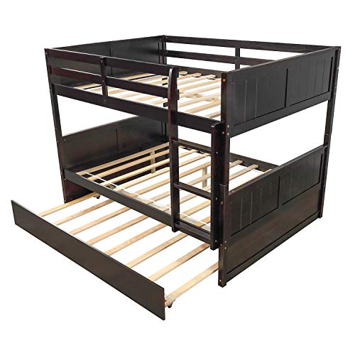 MERITLINE Full Over Full Bunk Bed with Trundle, Wood Bunk Bed with Twin Size Trundle, for Kids Teens Adults (Espresso)