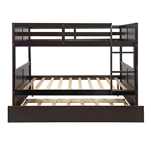 MERITLINE Full Over Full Bunk Bed with Trundle, Wood Bunk Bed with Twin Size Trundle, for Kids Teens Adults (Espresso)