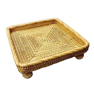 9 inch rattan serving basket, square woven bowl with 1”side and pedestal stand, flat wicker decorative snack basket trays for bread, fruit, keys, candy dish, rustic platter, display riser, exxacttorch