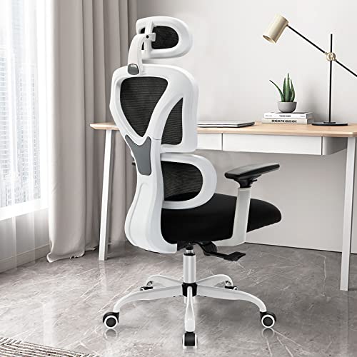 KERDOM Ergonomic Office Chair, Home Desk Chair, Comfy Breathable Mesh Task Chair, High Back Thick Cushion Computer Chair with Headrest and 3D Armrests, Adjustable Height Home Gaming Chair White