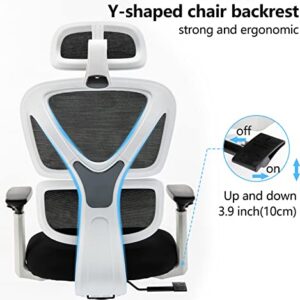 KERDOM Ergonomic Office Chair, Home Desk Chair, Comfy Breathable Mesh Task Chair, High Back Thick Cushion Computer Chair with Headrest and 3D Armrests, Adjustable Height Home Gaming Chair White