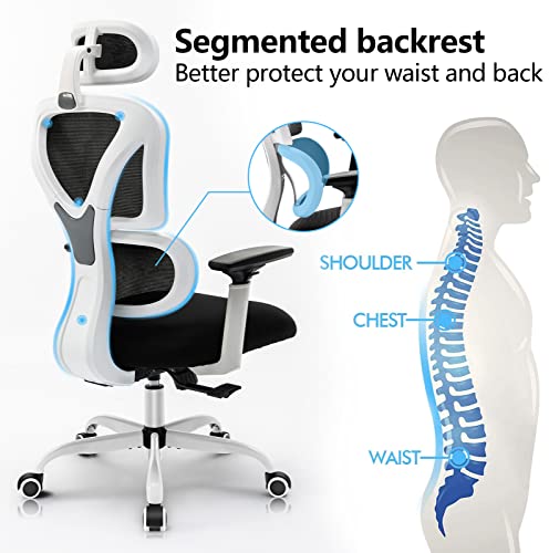 KERDOM Ergonomic Office Chair, Home Desk Chair, Comfy Breathable Mesh Task Chair, High Back Thick Cushion Computer Chair with Headrest and 3D Armrests, Adjustable Height Home Gaming Chair White