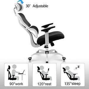 KERDOM Ergonomic Office Chair, Home Desk Chair, Comfy Breathable Mesh Task Chair, High Back Thick Cushion Computer Chair with Headrest and 3D Armrests, Adjustable Height Home Gaming Chair White