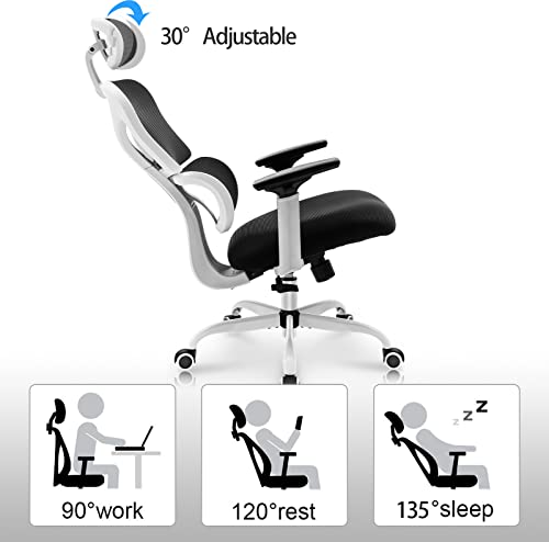 KERDOM Ergonomic Office Chair, Home Desk Chair, Comfy Breathable Mesh Task Chair, High Back Thick Cushion Computer Chair with Headrest and 3D Armrests, Adjustable Height Home Gaming Chair White