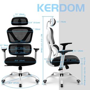 KERDOM Ergonomic Office Chair, Home Desk Chair, Comfy Breathable Mesh Task Chair, High Back Thick Cushion Computer Chair with Headrest and 3D Armrests, Adjustable Height Home Gaming Chair White