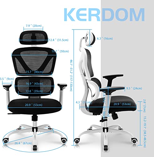 KERDOM Ergonomic Office Chair, Home Desk Chair, Comfy Breathable Mesh Task Chair, High Back Thick Cushion Computer Chair with Headrest and 3D Armrests, Adjustable Height Home Gaming Chair White