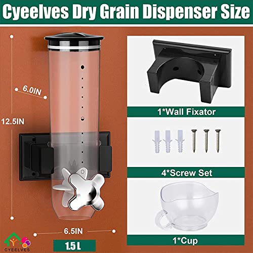 Cereal Dispenser, Food Dispenser Wall Mounted, Grain Dispenser Storage Containers with Cup, Single Control Candy Dispenser for Storing Snack Nut Coffee Beans, Kitchen Dry Cereal Dispenser, Black 1.5 L