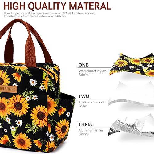 Lunch Bags for Women Insulated Lunch Bag Reusable Lunch Cooler Bag with Large Side Pockets Lunch Box Durable Lunch Container Reusable Lunch Tote Bag for Camping, Hiking, Picnic (D-Sunflowers)