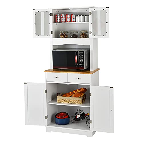 LOKO Kitchen Pantry Storage Cabinet, Kitchen Cabinet with Framed Tempered Glass Doors, Flat Countertop and 2 Drawers, Kitchen Hutch Storage Cabinet with Adjustable Shelves, 27 x 16 x 67 inches (White)