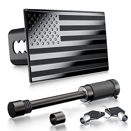 DoPake Metal Trailer Hitch Cover,Heavy Duty 2" Inch Tow Rear Receivers Plug Covers,USA American Flag Hitch Cover （with 3-3/5" Usable Length,5/8-inch Diameter Pin） for Trucks Cars SUV (Black)