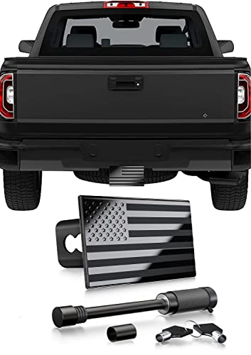 DoPake Metal Trailer Hitch Cover,Heavy Duty 2" Inch Tow Rear Receivers Plug Covers,USA American Flag Hitch Cover （with 3-3/5" Usable Length,5/8-inch Diameter Pin） for Trucks Cars SUV (Black)