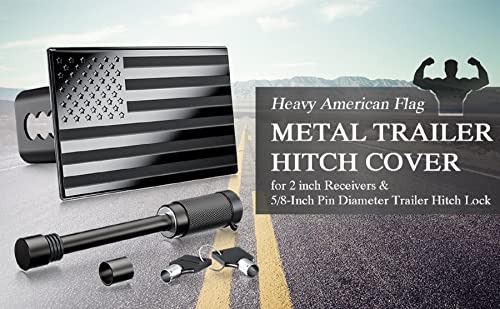 DoPake Metal Trailer Hitch Cover,Heavy Duty 2" Inch Tow Rear Receivers Plug Covers,USA American Flag Hitch Cover （with 3-3/5" Usable Length,5/8-inch Diameter Pin） for Trucks Cars SUV (Black)