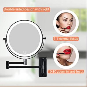 LANSI Rechargeable Wall Mounted Lighted Makeup Mirror, Mounted Makeup Magnifying Mirror with Lights,10X LED Vanity Mirror Wall Mounted, 8" Wall Bathroom Shaving Mirror (Black)