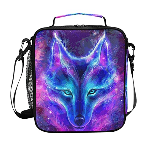 Wolf Galaxy Lunch Box Starry Wolf Insulated Lunch Bag Girls Lunch Cooler Bag Tote Freezable Shoulder Strap Lunchbox Animal Print Starry Sky Thermal Meal Tote Kit for Girls School Picnic