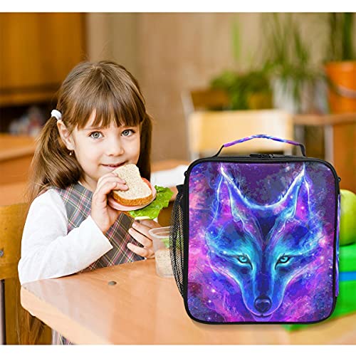 Wolf Galaxy Lunch Box Starry Wolf Insulated Lunch Bag Girls Lunch Cooler Bag Tote Freezable Shoulder Strap Lunchbox Animal Print Starry Sky Thermal Meal Tote Kit for Girls School Picnic