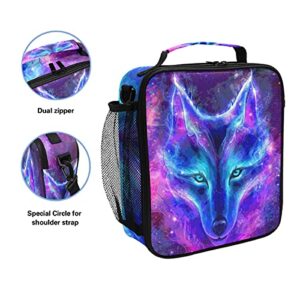 Wolf Galaxy Lunch Box Starry Wolf Insulated Lunch Bag Girls Lunch Cooler Bag Tote Freezable Shoulder Strap Lunchbox Animal Print Starry Sky Thermal Meal Tote Kit for Girls School Picnic