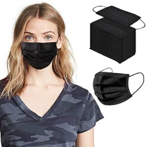 black disposable face masks, 100pcs adult face mask 3 ply safety mouth-cover with elastic earloops, breathable face protection for men & women,non-medical