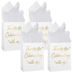 cooraby 24 pack white kraft paper bags with handles thanks for celebrating with us bags party favor bags medium gift bags party favor bags with tissue papers for birthday, wedding, baby shower