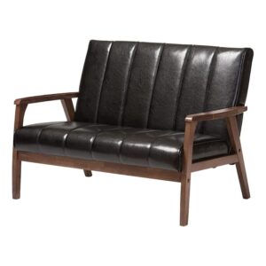 allora faux leather loveseat in black and walnut
