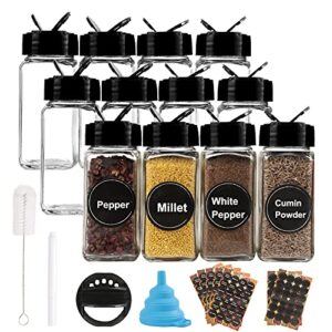 taketao, 12pcs glass spice jars,4oz empty square glass bottles spice containers with black caps,168 waterproof spice labels,1pcs silicone collapsible ​funnel test tube brush chalk marker (12)