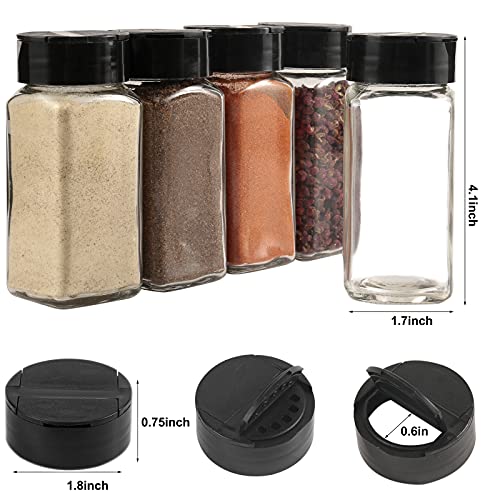 TAKETAO, 12pcs Glass Spice Jars,4oz Empty Square Glass Bottles Spice Containers with Black Caps,168 Waterproof Spice Labels,1pcs Silicone Collapsible ​Funnel Test Tube Brush Chalk Marker (12)