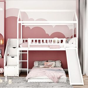 meritline house bunk beds with slide twin over twin bunk bed with stairs for kids, wood twin bunk beds with roof and two drawers for boys or girls, no box spring needed, white