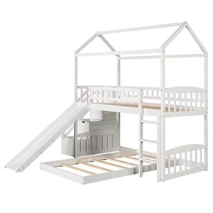 MERITLINE House Bunk Beds with Slide Twin Over Twin Bunk Bed with Stairs for Kids, Wood Twin Bunk Beds with Roof and Two Drawers for Boys or Girls, No Box Spring Needed, White