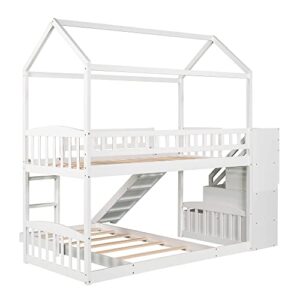 MERITLINE House Bunk Beds with Slide Twin Over Twin Bunk Bed with Stairs for Kids, Wood Twin Bunk Beds with Roof and Two Drawers for Boys or Girls, No Box Spring Needed, White