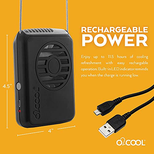 O2COOL Rechargeable Necklace Fan - Portable Hanging Neck Fan with Adjustable Lanyard - 3 Speed Vertical Air Flow – Micro USB Charging Cable Included (Black)