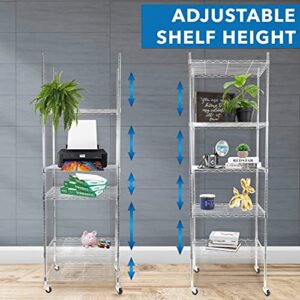 Mount-It! 5 Tier Wire Shelving with Wheels | - Rolling Garage Shelves, Closet Metal Racks with Shelves and Shelving or Utility Shelf for Laundry Room | Adjustable Shelf Height | No Tools Required