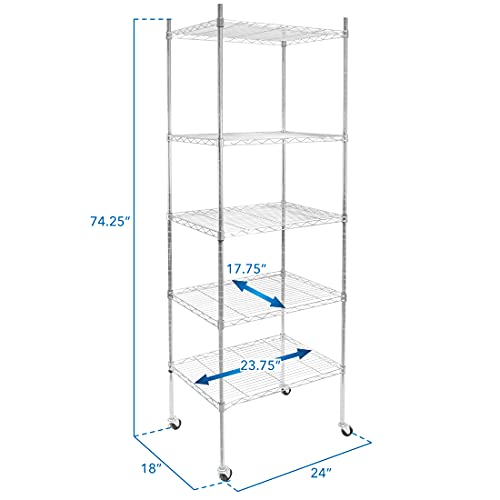 Mount-It! 5 Tier Wire Shelving with Wheels | - Rolling Garage Shelves, Closet Metal Racks with Shelves and Shelving or Utility Shelf for Laundry Room | Adjustable Shelf Height | No Tools Required