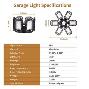 Rufbjkd LED Garage Light, 200W LED Shop Light, Super Bright Deformable LED Garage Ceiling Light with 6 Adjustable Panels, Ideal for Workshop/Attic/Barn/Basement (2 Pack)