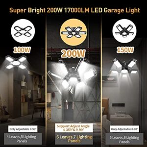 Rufbjkd LED Garage Light, 200W LED Shop Light, Super Bright Deformable LED Garage Ceiling Light with 6 Adjustable Panels, Ideal for Workshop/Attic/Barn/Basement (2 Pack)