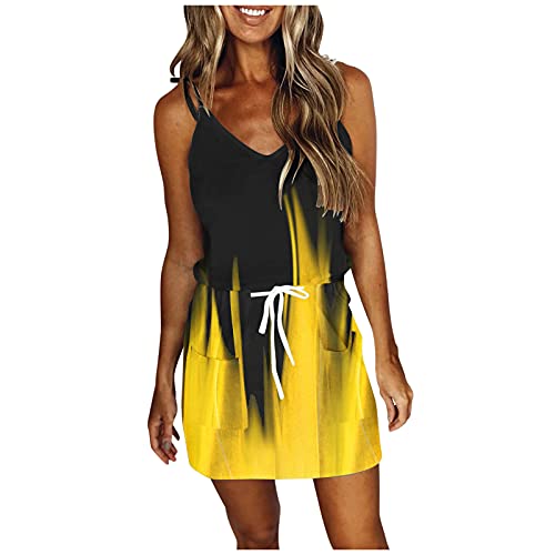 WYTong Patchwork Cami Dress Women's Fashion Casual Minidress,V-Neck Sleeveless Strap Open Back Sexy Print Loose Dress(Yellow-C,Small)