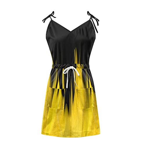 WYTong Patchwork Cami Dress Women's Fashion Casual Minidress,V-Neck Sleeveless Strap Open Back Sexy Print Loose Dress(Yellow-C,Small)