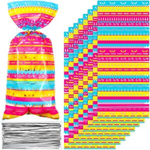 keeoye 100 pieces mexican fiesta party candy bags halloween day of the dead treat bags cinde mayo cellophane goodies bags with 100 silver twist ties for fiesta tabar (keeoye-party favors-0718)