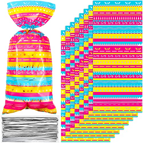 Keeoye 100 Pieces Mexican Fiesta Party Candy Bags Halloween Day of the Dead Treat Bags Cinde Mayo Cellophane Goodies Bags with 100 Silver Twist Ties for Fiesta TaBar (Keeoye-Party Favors-0718)