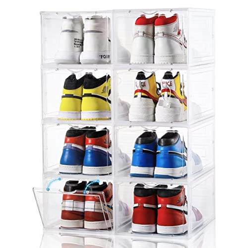 Clemate Shoe Storage Box,Set of 8,Shoe Box Clear Plastic Stackable,Drop Front Shoe Box with Clear Door,Shoe Organizer and Shoe Containers For Sneaker Display,Fit up to US Size 12(13.4”x 9.84”x 7.1”)