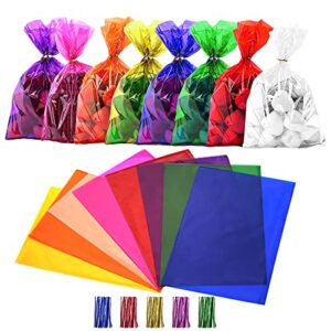 cinvo 160 pcs colored cellophane bags with twist ties cello treat bags colorful clear cello bag for bakery popcorn cookies candy dessert treats party halloween christmas supplies (8 colors, 6x 9 inch)